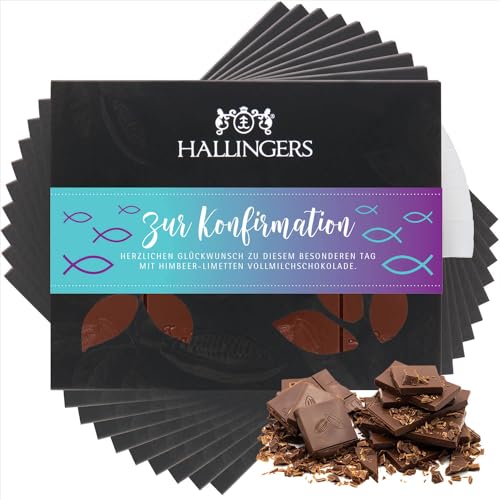 Hallingers 10x Zur Konfirmation - Vollmilch Edel-Schokolade mit Himbeere & Limette - handmade, alkoholfrei (Box) - Muttertagsgeschenk & Geschenkideen zum Vatertag | Geburtstag Glückwunsch Jahrestag Fr von Hallingers Genuss Manufaktur