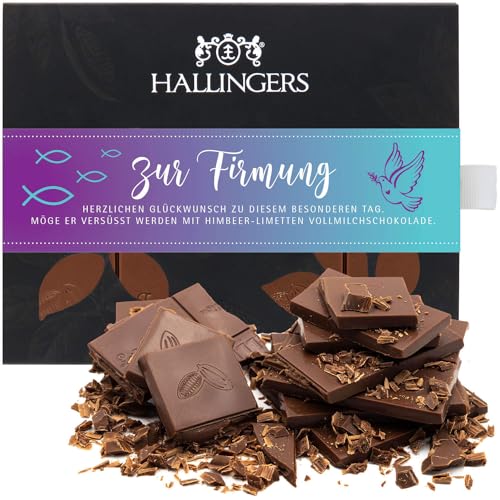 Hallingers Zur Firmung - Vollmilch Edel-Schokolade mit Himbeere & Limette - handmade, alkoholfrei (Box) - Muttertagsgeschenk & Geschenkideen zum Vatertag | Geburtstag Glückwunsch Jahrestag Neues Zuhau von Hallingers Genuss Manufaktur