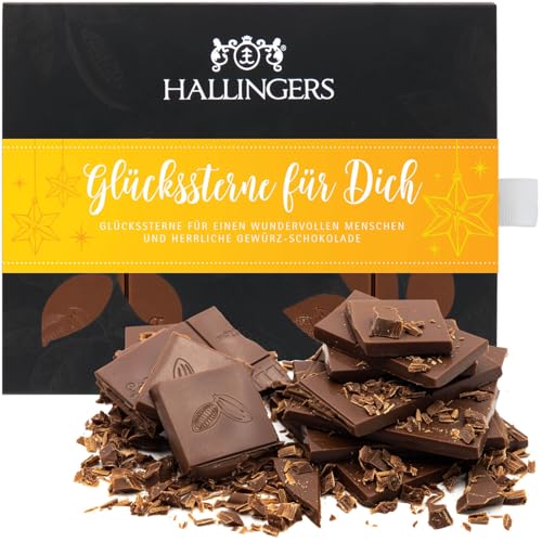 Hallingers Glückssterne für Dich - Vollmilch Edel-Schokolade mit Gewürzen - handmade, alkoholfrei (Box) - Muttertagsgeschenk & Geschenkideen zum Vatertag | Glückwunsch Danke Freundschaft Genesung von Hallingers Genuss Manufaktur