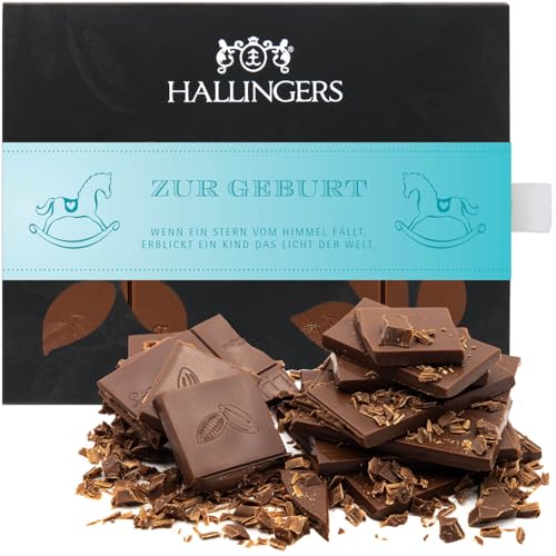 Hallingers Zur Geburt - Vollmilch Edel-Schokolade Pur - handmade, alkoholfrei (Box) - Muttertagsgeschenk & Geschenkideen zum Vatertag | Geburtstag Glückwunsch Jahrestag Neues Zuhause Genesung von Hallingers Genuss Manufaktur