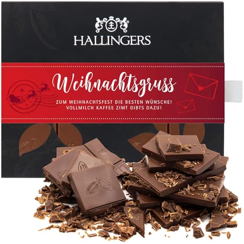 Hallingers Weihnachtsgruß - Vollmilch Edel-Schokolade mit Kaffee & Zimt - handmade, alkoholfrei (Box) - Muttertagsgeschenk & Geschenkideen zum Vatertag | Glückwunsch Danke Freundschaft Genesung von Hallingers Genuss Manufaktur