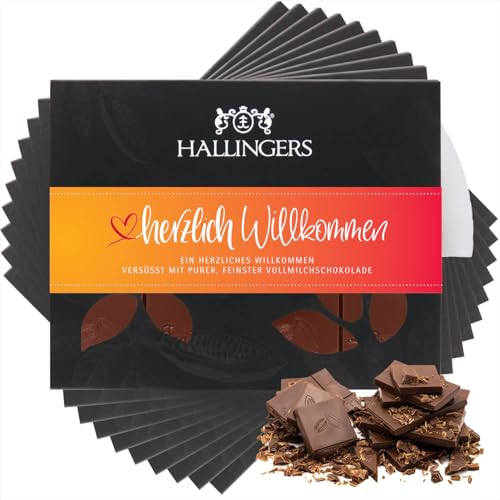 Hallingers 10x Herzlich Willkommen - Vollmilch Edel-Schokolade Pur - handmade, alkoholfrei (Box) - Muttertagsgeschenk & Geschenkideen zum Vatertag | Geburtstag Glückwunsch Jahrestag Freundschaft Genes von Hallingers Genuss Manufaktur