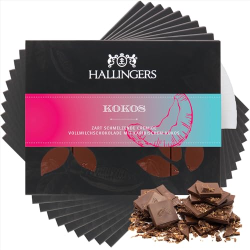 Hallingers 10x Kokos - Vollmilch Edel-Schokolade mit Kokosnuss - handmade, alkoholfrei (Box) - Muttertagsgeschenk & Geschenkideen zum Vatertag | Geburtstag Glückwunsch Jahrestag Freundschaft Genesung von Hallingers Genuss Manufaktur
