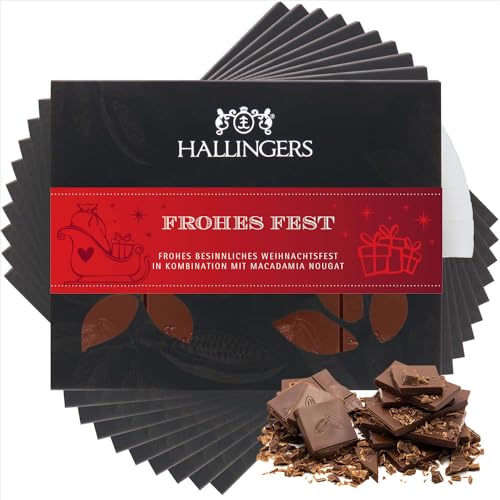 Hallingers 10x Frohes Fest - Vollmilch Edel-Schokolade mit Macadamia-Nougat - handmade, alkoholfrei (Box) - Muttertagsgeschenk & Geschenkideen zum Vatertag | Glückwunsch Danke Freundschaft Genesung von Hallingers Genuss Manufaktur