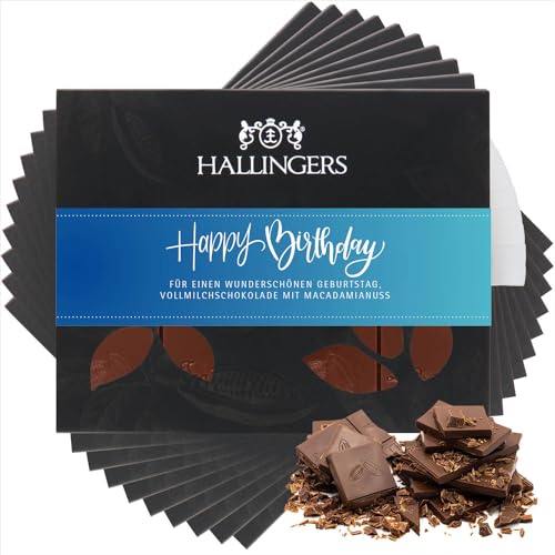 Hallingers 10x Happy Birthday Blue - Vollmilch Edel-Schokolade mit Macadamia-Nougat - handmade, alkoholfrei (Box) - Muttertagsgeschenk & Geschenkideen zum Vatertag | Geburtstag Glückwunsch Jahrestag G von Hallingers Genuss Manufaktur
