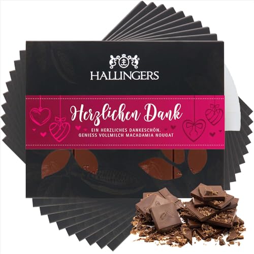 Hallingers 10x Herzlichen Dank - Vollmilch Edel-Schokolade mit Macadamia-Nougat - handmade, alkoholfrei (Box) - Muttertagsgeschenk & Geschenkideen zum Vatertag | Glückwunsch Danke Freundschaft Genesun von Hallingers Genuss Manufaktur
