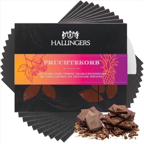 Hallingers 10x Früchtekorb - Vollmilch Edel-Schokolade mit Mango & Vanille - handmade, alkoholfrei (Box) - Muttertagsgeschenk & Geschenkideen zum Vatertag | Geburtstag Glückwunsch Jahrestag Freundscha von Hallingers Genuss Manufaktur