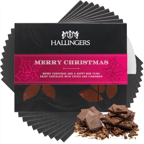 Hallingers 10x Merry Christmas - Vollmilch Edel-Schokolade mit Marc de Champagne - handmade (Box) - Muttertagsgeschenk & Geschenkideen zum Vatertag | Glückwunsch Danke Freundschaft Genesung von Hallingers Genuss Manufaktur