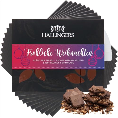 Hallingers 10x Fröhliche Weihnachten - Vollmilch Edel-Schokolade mit Orange - handmade, alkoholfrei (Box) - Muttertagsgeschenk & Geschenkideen zum Vatertag | Glückwunsch Danke Freundschaft Genesung von Hallingers Genuss Manufaktur