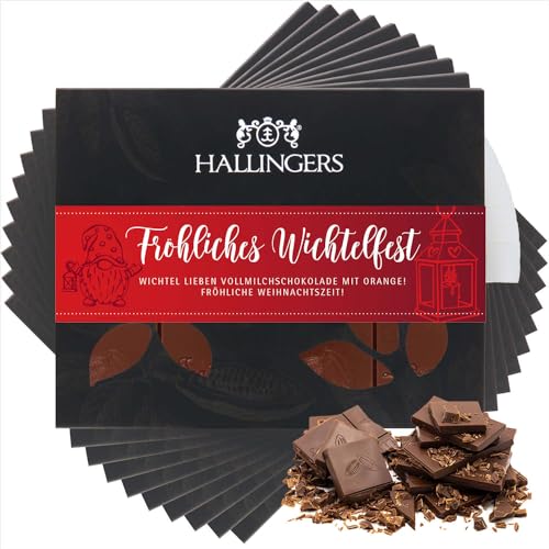 Hallingers 10x Fröhliches Wichtelfest - Vollmilch Edel-Schokolade mit Orange - handmade, alkoholfrei (Box) - Muttertagsgeschenk & Geschenkideen zum Vatertag | Glückwunsch Danke Freundschaft Genesung von Hallingers Genuss Manufaktur