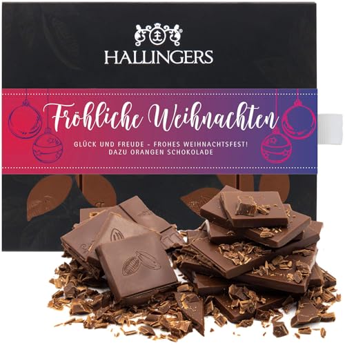 Hallingers Fröhliche Weihnachten - Vollmilch Edel-Schokolade mit Orange - handmade, alkoholfrei (Box) - Muttertagsgeschenk & Geschenkideen zum Vatertag | Glückwunsch Danke Freundschaft Genesung von Hallingers Genuss Manufaktur