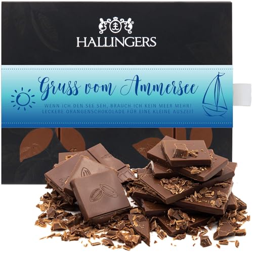 Hallingers Gruß vom Ammersee - Vollmilch Edel-Schokolade mit Orange - handmade, alkoholfrei (Box) - Muttertagsgeschenk & Geschenkideen zum Vatertag | Geburtstag Glückwunsch Jahrestag Genesung von Hallingers Genuss Manufaktur
