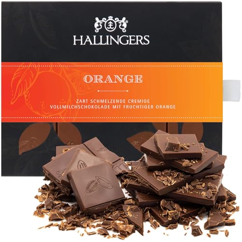 Hallingers Orange - Vollmilch Edel-Schokolade mit Orange - handmade, alkoholfrei (Box) - Muttertagsgeschenk & Geschenkideen zum Vatertag | Geburtstag Glückwunsch Jahrestag Neues Zuhause Genesung von Hallingers Genuss Manufaktur