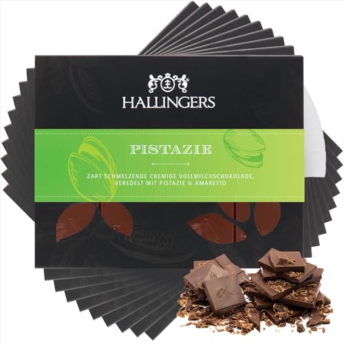 Hallingers 10x Pistazie - Vollmilch Edel-Schokolade mit Pistazie & Amaretto - handmade (Box) - Muttertagsgeschenk & Geschenkideen zum Vatertag | Geburtstag Glückwunsch Jahrestag Freundschaft Genesung von Hallingers Genuss Manufaktur