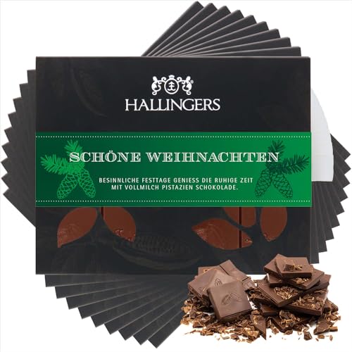 Hallingers 10x Schöne Weihnachten - Vollmilch Edel-Schokolade mit Pistazie & Amaretto, handmade (Box) - Muttertagsgeschenk & Geschenkideen zum Vatertag | Glückwunsch Danke Freundschaft Genesung von Hallingers Genuss Manufaktur