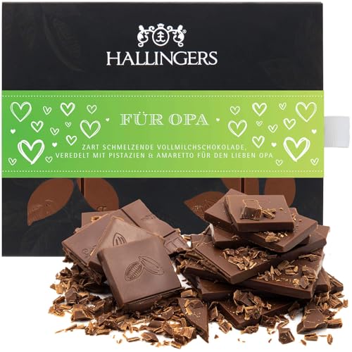 Hallingers Für Opa - Vollmilch Edel-Schokolade mit Pistazie & Amaretto - handmade (Box) - Muttertagsgeschenk & Geschenkideen zum Vatertag | Jahrestag Neues Zuhause Glückwünsche von Hallingers Genuss Manufaktur