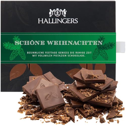 Hallingers Schöne Weihnachten - Vollmilch Edel-Schokolade mit Pistazie & Amaretto - handmade (Box) - Muttertagsgeschenk & Geschenkideen zum Vatertag | Glückwunsch Danke Freundschaft Genesung von Hallingers Genuss Manufaktur