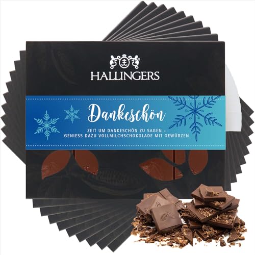 Hallingers 10x Dankeschön - Vollmilch Edel-Schokolade mit Weihnachts-Gewürzen, handmade (Box) - Muttertagsgeschenk & Geschenkideen zum Vatertag | Glückwunsch Danke Freundschaft Genesung von Hallingers Genuss Manufaktur