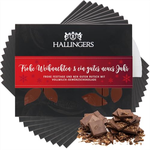 Hallingers 10x Frohe Weihnachten & Gutes Neues Jahr - Vollmilch Edel-Schokolade mit Weihnachts-Gewürzen - Silvester Geschenk handmade, alkoholfrei Neujahr (Box) - Muttertagsgeschenk & Geschenkideen zu von Hallingers Genuss Manufaktur