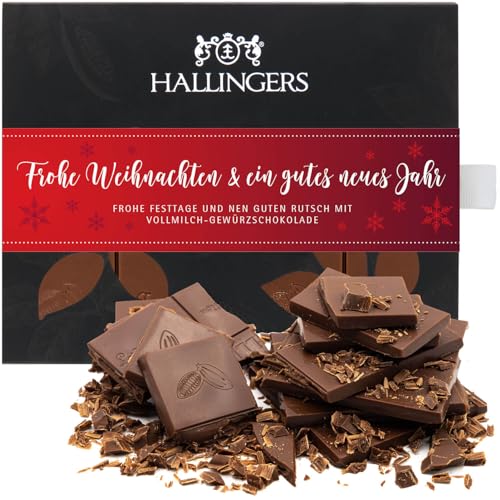 Hallingers Frohe Weihnachten & Gutes Neues Jahr - Vollmilch Edel-Schokolade mit Weihnachts-Gewürzen, handmade (Box) - Muttertagsgeschenk & Geschenkideen zum Vatertag | Glückwunsch Danke Freundschaft G von Hallingers Genuss Manufaktur