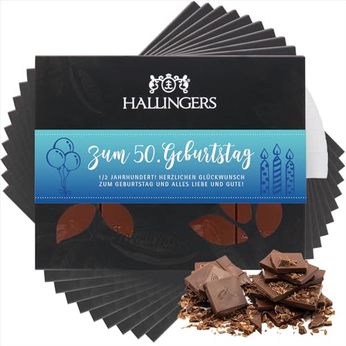 Hallingers 10x Zum 50. Geburtstag - Vollmilch Edel-Schokolade zartschmelzend ganz pur - handmade, alkoholfrei (Box) - Muttertagsgeschenk & Geschenkideen zum Vatertag | Geburtstag Glückwunsch Jahrestag von Hallingers Genuss Manufaktur