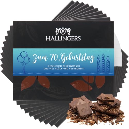 Hallingers 10x Zum 70. Geburtstag - Vollmilch Edel-Schokolade zartschmelzend ganz pur - handmade, alkoholfrei (Box) - Muttertagsgeschenk & Geschenkideen zum Vatertag | Geburtstag Glückwunsch Jahrestag von Hallingers Genuss Manufaktur