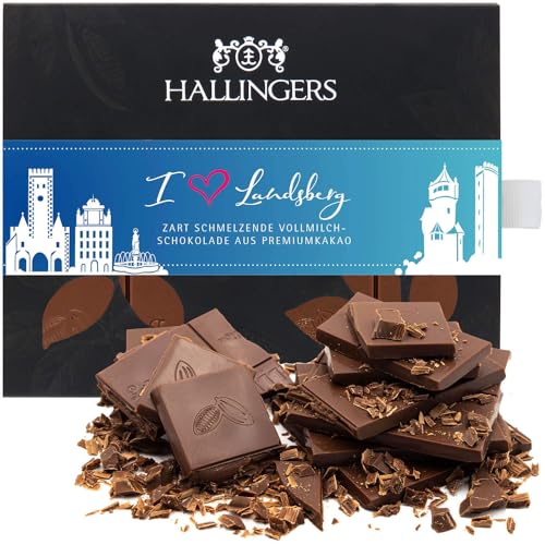 Hallingers I love Landsberg - Vollmilch - Vollmilch Edel-Schokolade zartschmelzend ganz pur - handmade, alkoholfrei (Box) - Muttertagsgeschenk & Geschenkideen zum Vatertag | Geburtstag Glückwunsch Jah von Hallingers Genuss Manufaktur