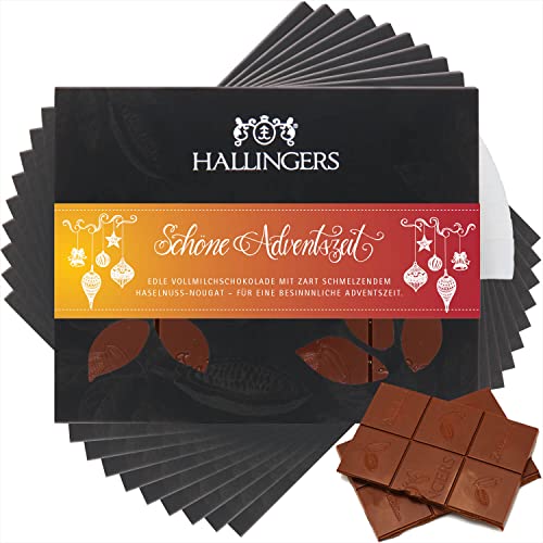 Hallingers 10x Schöne Adventszeit - Vollmilch Edel-Schokolade mit Haselnuss-Nougat - handmade, alkoholfrei (Box) - Muttertagsgeschenk & Geschenkideen zum Vatertag | Glückwunsch Danke Freundschaft Gene von Hallingers Genuss Manufaktur