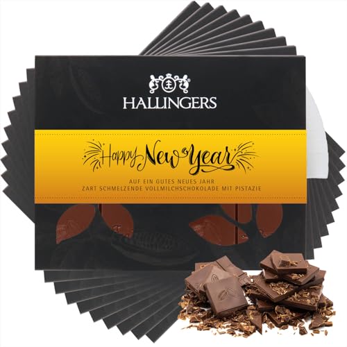 Hallingers 10x Happy New Year - Vollmilch Edel-Schokolade mit Pistazie & Amaretto Silvester Geschenk handmade - zu Neujahr (Box) - Muttertagsgeschenk & Geschenkideen zum Vatertag | Glückwunsch Danke F von Hallingers Genuss Manufaktur