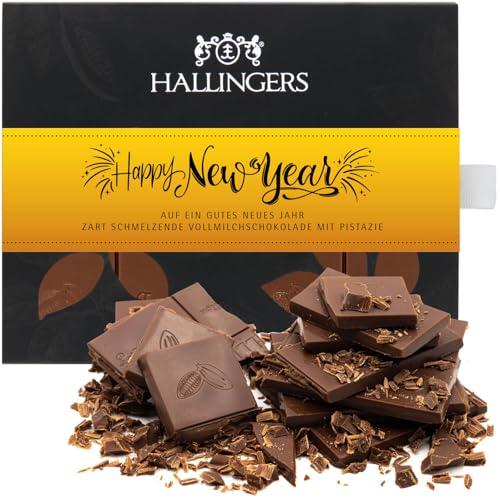 Hallingers Happy New Year - Vollmilch Edel-Schokolade mit Pistazie & Amaretto Silvester Geschenk handmade - zu Neujahr (Box) - Muttertagsgeschenk & Geschenkideen zum Vatertag | Jahrestag Danke Neues Z von Hallingers Genuss Manufaktur