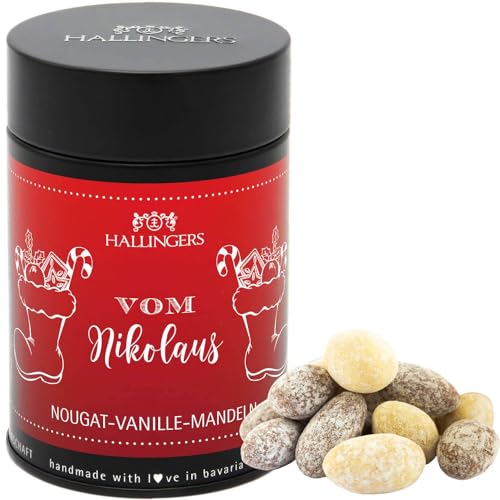 Hallingers Vom Nikolaus - Nougat-schokolierte Vanille-Mandeln handgemacht (Dose) - Muttertagsgeschenk & Geschenkideen zum Vatertag | Glückwunsch Freundschaft Genesung von Hallingers Genuss Manufaktur