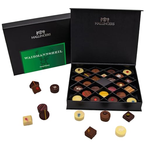 Hallingers Waidmannsheil - 24 Manufaktur Pralinen Geschenk edle FirstClass handmade ohne Alkohol aus Edelkakao Schokolade (Box) - Muttertagsgeschenk & Geschenkideen zum Vatertag | Geburtstag Glückwuns von Hallingers Genuss Manufaktur