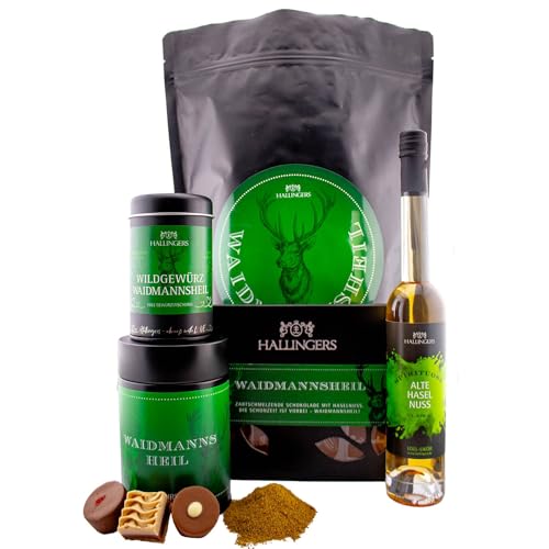 Hallingers Waidmannsheil XXL - Jäger Wundertüte XXL Geschenkset Haselnusslikör, Wild Gewürz, Pralinen & Tafel Schokolade (Set) - Ostergeschenke Osterkörbchen Ostereier & als Osterdeko | Geburtstag Glü von Hallingers Genuss Manufaktur