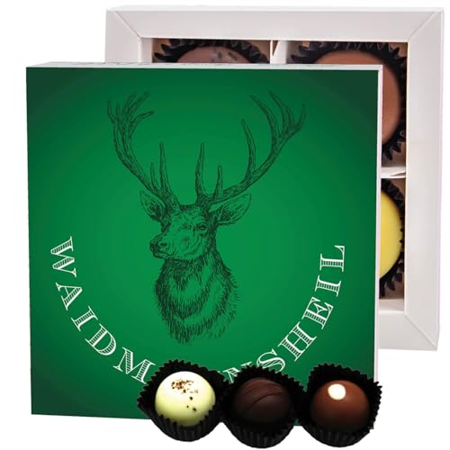 Hallingers Waidmannsheil - Manufaktur Pralinen Geschenk handmade ohne Alkohol aus Edelkakao Schokolade für Jäger (Box) - Muttertagsgeschenk & Geschenkideen zum Vatertag | Geburtstag Glückwunsch Danke von Hallingers Genuss Manufaktur