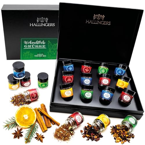 Hallingers Weihnachtliche Grüße - Weihnachten 12 Sorten Tee Geschenkset, loser Tee in Schraubgläsern, Teesortiment als Tee Geschenk (Set) - Muttertagsgeschenk & Geschenkideen zum Vatertag | Glückwunsc von Hallingers Genuss Manufaktur