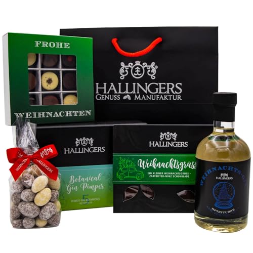 Hallingers Berauschendes Fest - Weihnachtliches Geschenk-Set mit Gin, Pralinen & mehr als Geschenkkorb zu Weihnachten (Set) - Muttertagsgeschenk & Geschenkideen zum Vatertag | Glückwunsch Glückwünsche von Hallingers Genuss Manufaktur