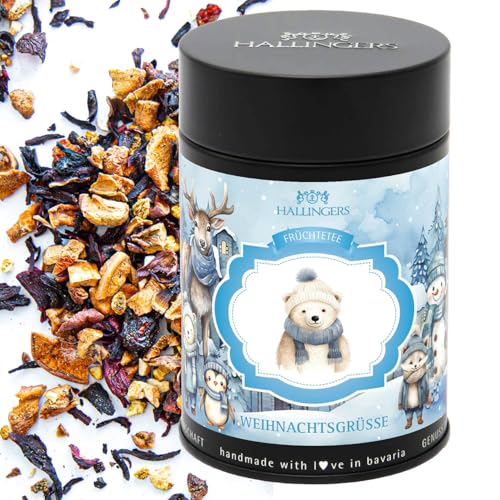 Hallingers Weihnachtsgrüße Eisbär - Weihnachtlicher loser Früchte-Tee mit Vanille Orange & Hagebutte Geschenk zu Advent & Weihnachten (Dose) - Muttertagsgeschenk & Geschenkideen zum Vatertag | Glückwu von Hallingers Genuss Manufaktur