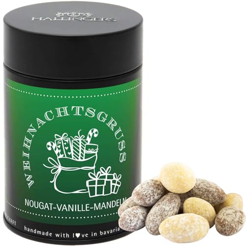 Hallingers Weihnachtsgruß - Nougat-schokolierte Vanille-Mandeln handgemacht - fix und fertig als Geschenk (Dose) - Muttertagsgeschenk & Geschenkideen zum Vatertag | Glückwunsch Freundschaft Genesung von Hallingers Genuss Manufaktur