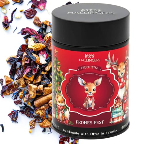 Hallingers Frohes Fest Bambi - Weihnachtlicher loser Früchte-Tee mit Mandel, Hagebutte & Orange Geschenk zu Advent & Weihnachten (Dose) - Muttertagsgeschenk & Geschenkideen zum Vatertag | Glückwunsch von Hallingers Genuss Manufaktur