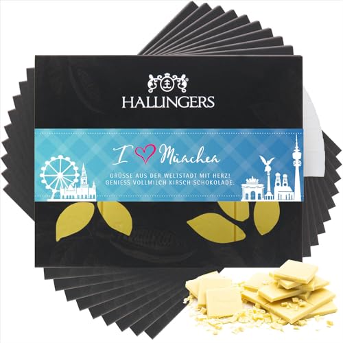 Hallingers 10x I love München - Weiße Edel-Schokolade mit Kirsche - handmade (Box) - Muttertagsgeschenk & Geschenkideen zum Vatertag | Geburtstag Glückwunsch Jahrestag Genesung von Hallingers Genuss Manufaktur