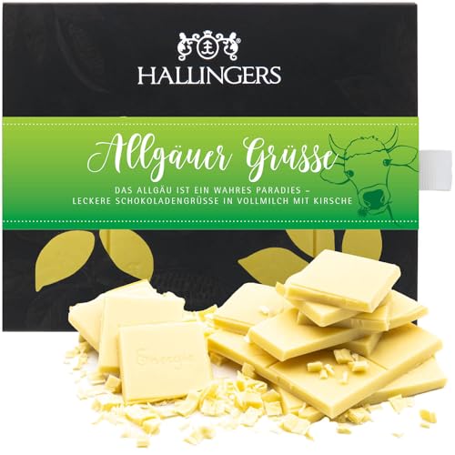 Hallingers Allgäuer Grüße - Weiße Edel-Schokolade mit Kirsche - handmade, alkoholfrei (Box) - Muttertagsgeschenk & Geschenkideen zum Vatertag | Geburtstag Glückwunsch Jahrestag Genesung von Hallingers Genuss Manufaktur