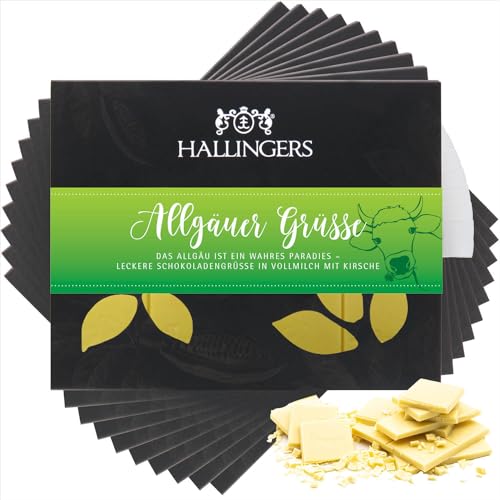 Hallingers 10x Allgäuer Grüße - Weiße Edel-Schokolade mit Kirsche - handmade, alkoholfrei (Box) - Muttertagsgeschenk & Geschenkideen zum Vatertag | Geburtstag Glückwunsch Jahrestag Genesung von Hallingers Genuss Manufaktur