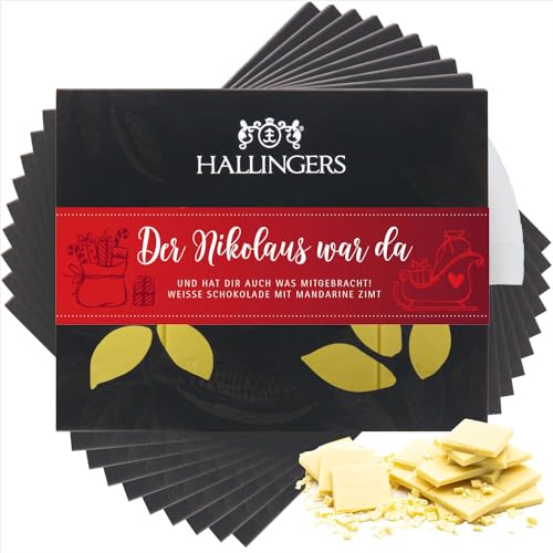 Hallingers 10x Der Nikolaus war da - Weiße Edel-Schokolade mit Mandarine & Zimt, handmade (Box) - Muttertagsgeschenk & Geschenkideen zum Vatertag | Glückwunsch Danke Freundschaft Genesung von Hallingers Genuss Manufaktur