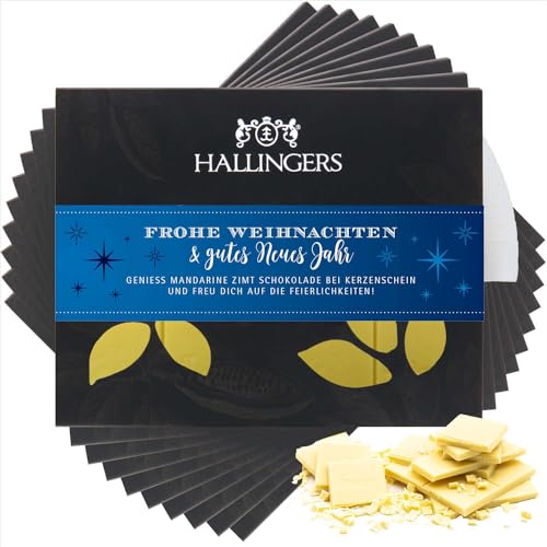Hallingers 10x Frohe Weihnachten & Gutes Neues Jahr - Weiße Edel-Schokolade mit Mandarine & Zimt - Silvester Geschenk handmade, alkoholfrei Neujahr (Box) - Muttertagsgeschenk & Geschenkideen zum Vater von Hallingers Genuss Manufaktur