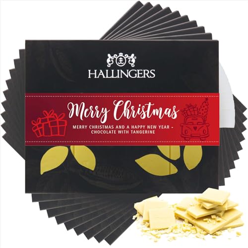 Hallingers 10x Merry Christmas - Weiße Edel-Schokolade mit Mandarine & Zimt, handmade (Box) - Muttertagsgeschenk & Geschenkideen zum Vatertag | Glückwunsch Danke Freundschaft Genesung von Hallingers Genuss Manufaktur