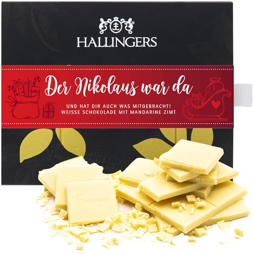 Hallingers Der Nikolaus war da - Weiße Edel-Schokolade mit Mandarine & Zimt - handmade, alkoholfrei (Box) - Muttertagsgeschenk & Geschenkideen zum Vatertag | Glückwunsch Danke Freundschaft Genesung von Hallingers Genuss Manufaktur
