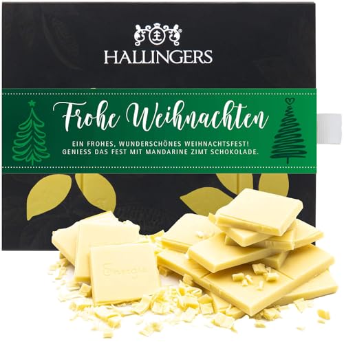Hallingers Frohe Weihnachten - Weiße Edel-Schokolade mit Mandarine & Zimt - handmade, alkoholfrei (Box) - Muttertagsgeschenk & Geschenkideen zum Vatertag | Glückwunsch Danke Freundschaft Genesung von Hallingers Genuss Manufaktur