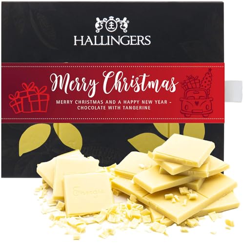 Hallingers Merry Christmas - Weiße Edel-Schokolade mit Mandarine & Zimt, handmade (Box) - Muttertagsgeschenk & Geschenkideen zum Vatertag | Glückwunsch Danke Freundschaft Genesung von Hallingers Genuss Manufaktur