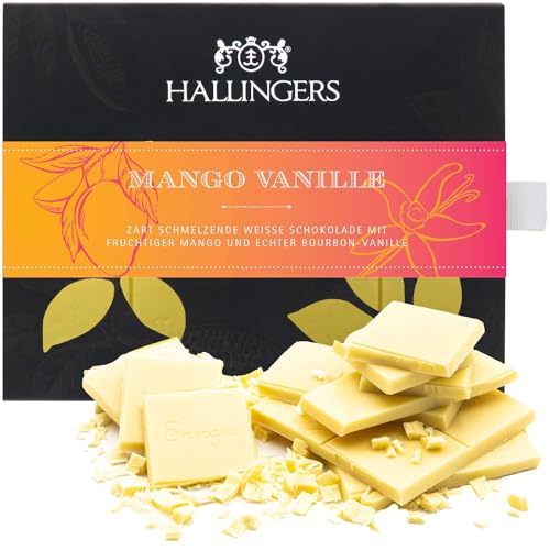 Hallingers Mango-Vanille - Weiße Edel-Schokolade mit Mango & Vanille - handmade, alkoholfrei (Box) - Muttertagsgeschenk & Geschenkideen zum Vatertag | Geburtstag Glückwunsch Jahrestag Neues Zuhause Ge von Hallingers Genuss Manufaktur