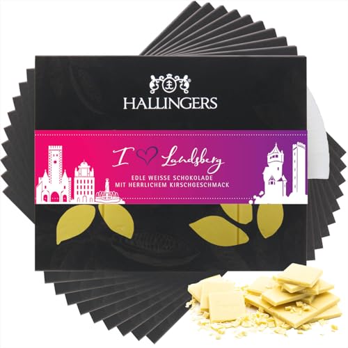 Hallingers 10x I love Landsberg - Weiss, Kirsche - Weiße Edel-Schokolade mit Kirsche - handmade, alkoholfrei (Box) - Muttertagsgeschenk & Geschenkideen zum Vatertag | Geburtstag Glückwunsch Jahrestag von Hallingers Genuss Manufaktur